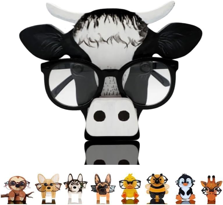 HyeeArt Wooden Animal Glasses Holder , Newsukie - Cute Solid Pine Wood Eyeglasses Stand,Carving Sunglasses Eyeglass Display Stand,Newsukie Creative Gift Glasses Holder for Desk (Flowers Highland Cow) (Cow-1) - Image 1